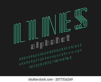 Vector de diseño de alfabeto estilizado moderno con mayúsculas, minúsculas, números y símbolos