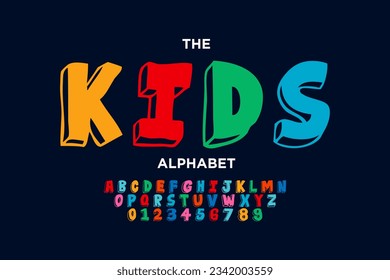 vector of modern and stylized cartoon comic alphabet and numbers. playful typography design, kids style font design for title