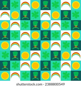 Vector modern stylized seamless
pattern. St Patrick's day theme, square shapes and leprechaun's hats, rainbows, coins, shamrock.