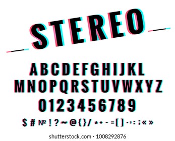 Vector modern stylized Stereoscopic stereo 3d vector letters and numbers, colorful glitch alphabet