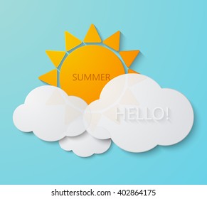 Vector Modern Sun With Clouds Background. Summer Invitation Poster