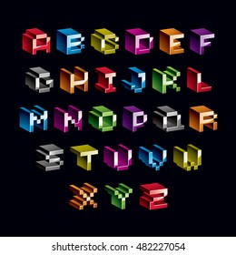 Vector modern tech alphabet letters set. Geometric pixilated digital font, 3d dotted 8 bit characters.