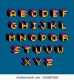 Vector modern tech alphabet letters set. Geometric pixilated digital font, 3d dotted 8 bit characters.
