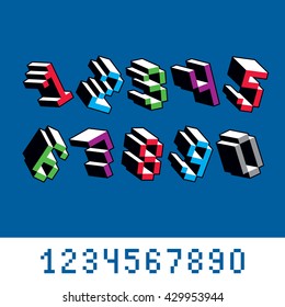 Vector modern tech whole numbers set. Geometric pixilated digits, 3d dotted 8 bit numeration from 0 to 9.