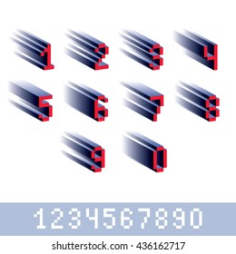 Vector modern tech whole numbers set. Geometric pixilated digits, 3d dotted 8 bit numeration from 0 to 9.