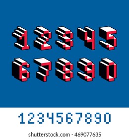 Vector modern tech whole numbers set. Geometric pixilated digits, 3d dotted 8 bit numeration from 0 to 9.