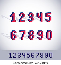 Vector modern tech whole numbers set. Geometric pixilated digits, 3d dotted 8 bit numeration from 0 to 9.