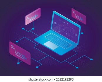 Vector modern techno isometric illustration. A laptop with a network of information links. Computer programming and software development concept.