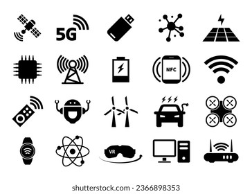 Vector modern technology icon set. Different tech icons isolated on white.