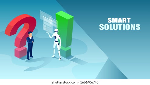 Vector of a modern technology robot offering smart solutions to a confused businessman 