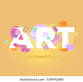 Vector modern template with bright crystal 3d elements and big word art on orange background with shadow. Creative art style concept design for web, site, banner, poster