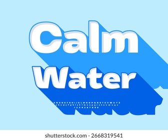 Vector Plantilla moderna Agua tranquila. Fuente brillante con gran sombra azul. Conjunto de letras y números de alfabeto 3D blanco con estilo.