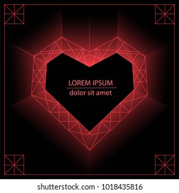 Vector modern template  card with abstract glowing heart with copy space and geometric red  pattern
