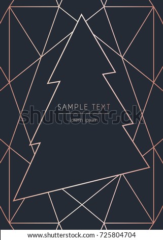 Vector modern template christmas card. Abstract christmas tree. Geometric rose gold pattern.