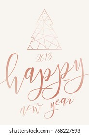 Vector modern template Happy New Year 2018 card. Abstract geometric rosse gold christmas tree