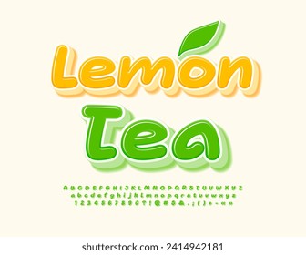 Vector modern template Lemon Tea. Funny Glossy Font. Green handwritten Alphabet Letters and Numbers