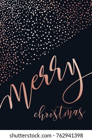 Vector modern template Merry Christmas card. Rose gold  foil confetti