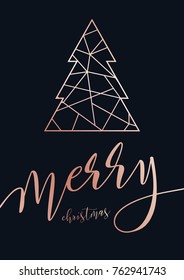 Vector Modern Template Merry Christmas Card. Abstract Geometric Christmas Tree. Rose Gold Pattern