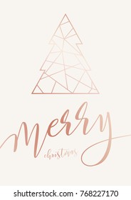 Vector modern template Merry Christmas card. Abstract geometric rosse gold christmas tree