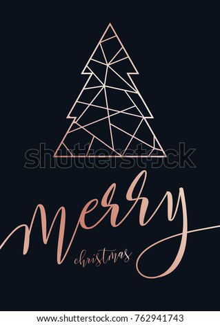 Vector modern template Merry Christmas card. Abstract geometric christmas tree. Rose gold pattern