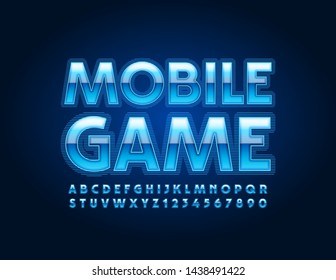 Vector plantilla moderna Juego móvil con fuente en mayúsculas. Letras y números de alfabeto azul brillante