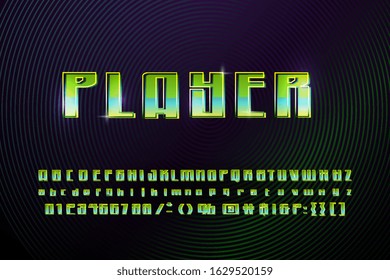 Vector modern template online game with a unique font. Green glowing letters of the alphabet and numbers on a dark background with transitions. Vector illustration.