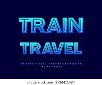 Vector Plantilla moderna de viaje en tren. Fuente azul brillante. Conjunto único de letras y números del alfabeto en mayúsculas