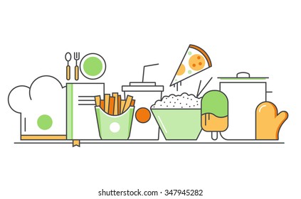 Vector modern thin line flat design of icons set. Restaurant menu, food background