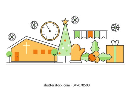 Vector modern thin line flat design of icons set. Christmas and happy new year background