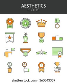 Vector modern thin line flat design of icons set. Awards and medal, diploma outline infographic collection