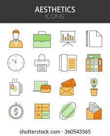 Vector modern thin line flat design of icons set. office outline infographic collection