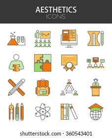 Vector modern thin line flat design of icons set. coaching and education outline infographic collection