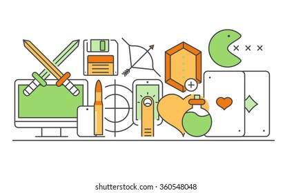 Vector modern thin line flat design of icons set. video game outline infographic collection. Eps10
