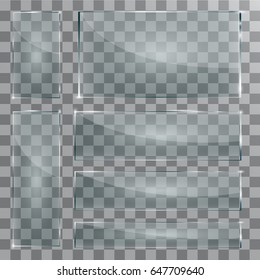 Vector modern transparent glass plates set on sample background. 