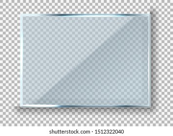 Vector modern transparent reflecting glass banner. Glass rectangle Plate Isolated On Transparent Background reflection 3d panel texture or clear window on display background frame