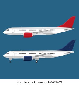 Vector Modern Travel  On Transport Passenger Jet Airliner Plane. Side View. Isolated. Vector Flat Illustration