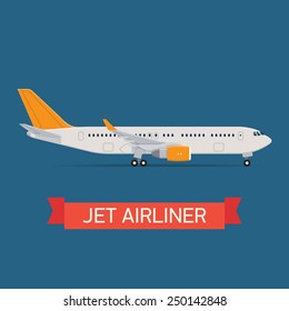 Vector modern travel web icon on transport passenger jet airliner plane, flat design, side view, isolated