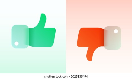 Vector modern trend icon in the style of glassmorphism with gradient, blur and transparency. two symbols green like and red dislike