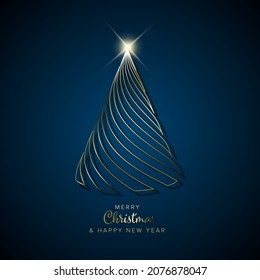 Vector modern trendy christmas card with abstract golden geometry christmas tree on a white background with light shadow on dark blue background