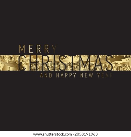 Vector modern trendy christmas card with abstract golden stripe and black minimalistic simple lettering. Metallic golden trendy happy new year card layout. 