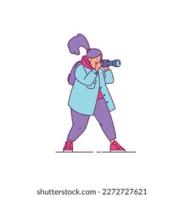 Vector modern trendy flat illustration. Line art cute cartoon character. young woman photographer with camera in hand makes photo. Hairstyle with ponytail. Blue coat, pink sneakers and purple backpack