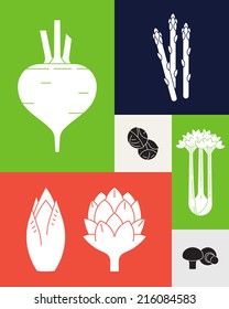 Vector modern trendy minimalistic vegetables design | Healthy food abstract colorful background featuring various vegetables