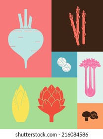 Vector modern trendy minimalistic vegetables design | Healthy food abstract colorful background featuring various vegetables