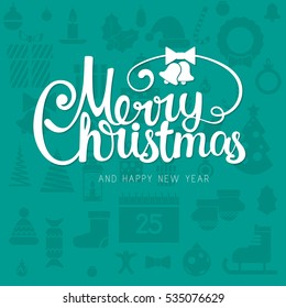 Vector modern trendy retro hand drawn calligraphic Merry Christmas and happy new year wish in green background with christmas icons 