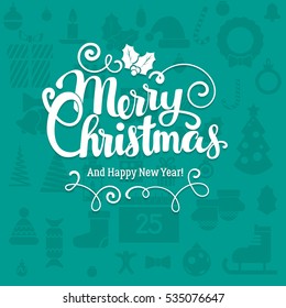 Vector modern trendy retro hand drawn calligraphic Merry Christmas and happy new year wish in green background with christmas icons 