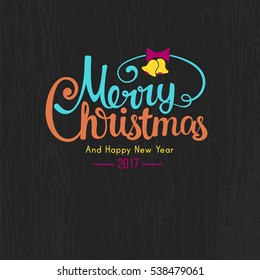 Vector modern trendy retro hand drawn calligraphic Merry Christmas and happy new year wish on black wooden background