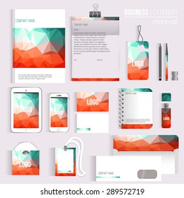 Vector modern triangle Blank corporate identity set of Stationery Branding. Consist of letterhead, book, pen, pencil, note, phone, business cards, cd, envelope. EPS10