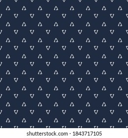 Vector modern triangle random inverted shape design white stroke seamless pattern on blue background.