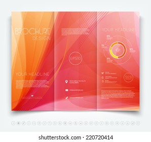 Vector modern tri-fold brochure design template with red smooth colorful background
