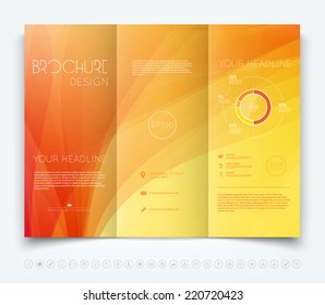 Vector modern tri-fold brochure design template with orange smooth colorful background